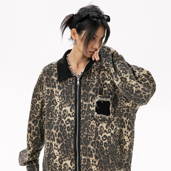 American Streetwear Reversible-Zip Leopard Print Distressed Collared Jacket, INS Trendy Outerwear