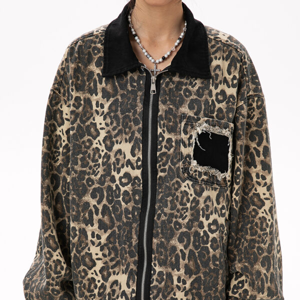 American Streetwear Reversible-Zip Leopard Print Distressed Collared Jacket, INS Trendy Outerwear