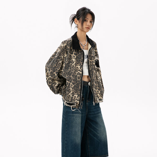 American Streetwear Reversible-Zip Leopard Print Distressed Collared Jacket, INS Trendy Outerwear