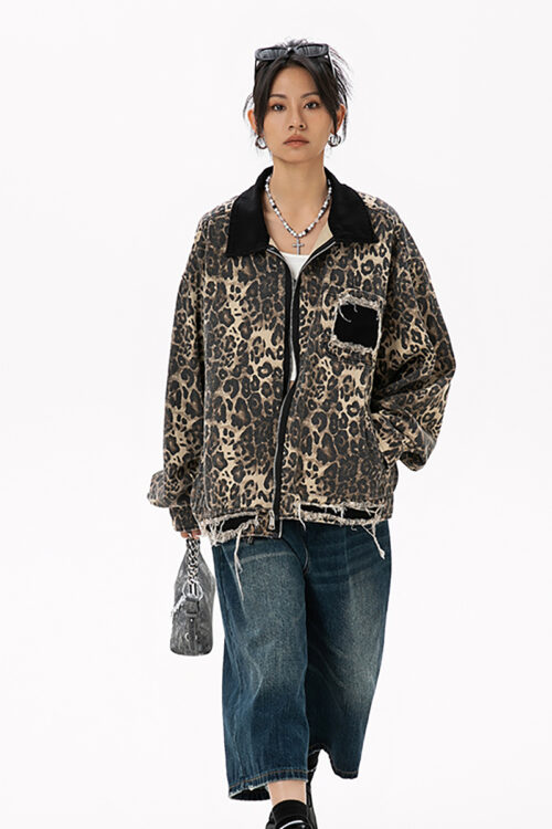 81200 American Streetwear Reversible-Zip Leopard Print Distressed Collared Jacket, INS Trendy Outerwear